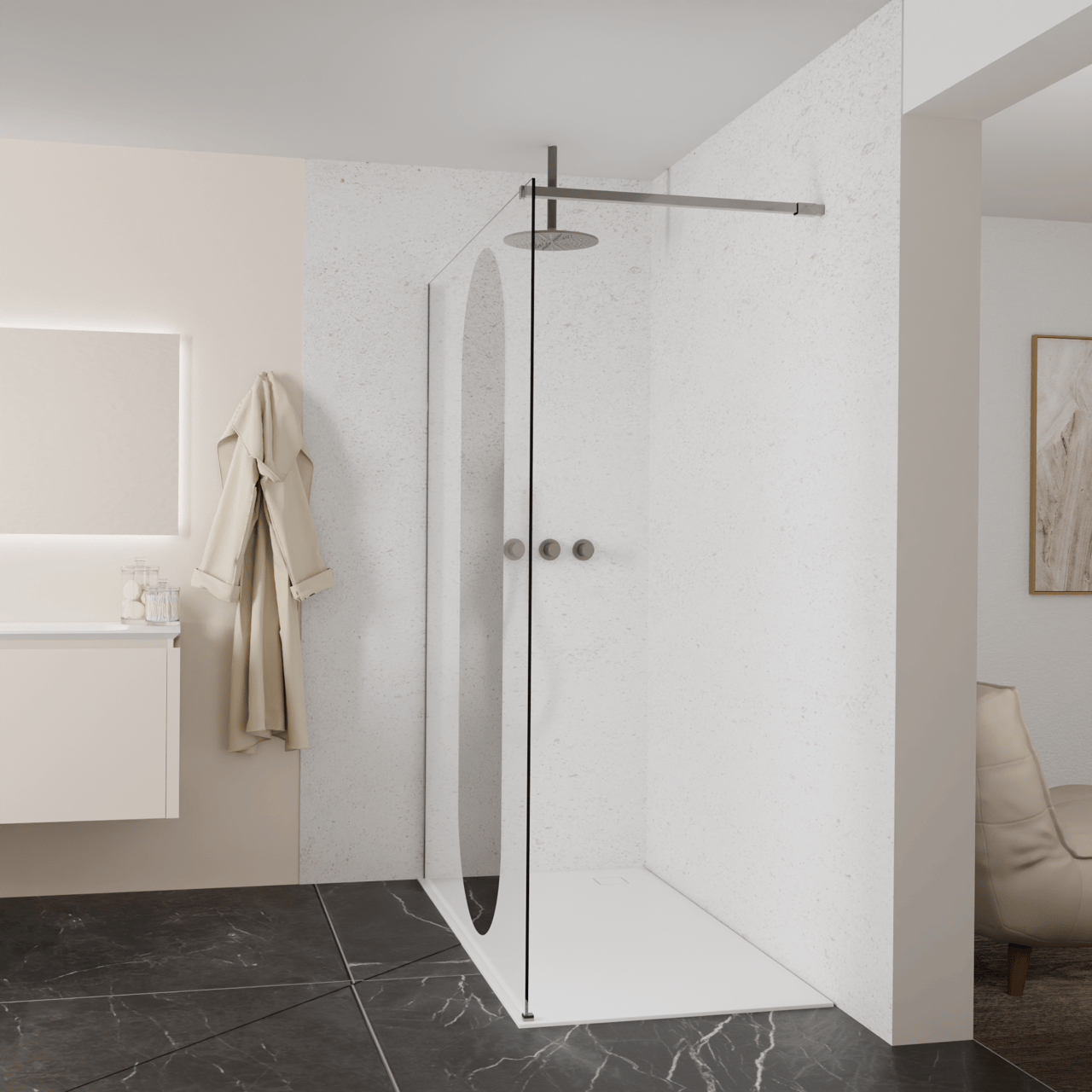 Balmani Modular Walk-In Dusche: 160 x 200 cm, Reflex-Spiegelglas Oval, Profil Brushed GunMetal