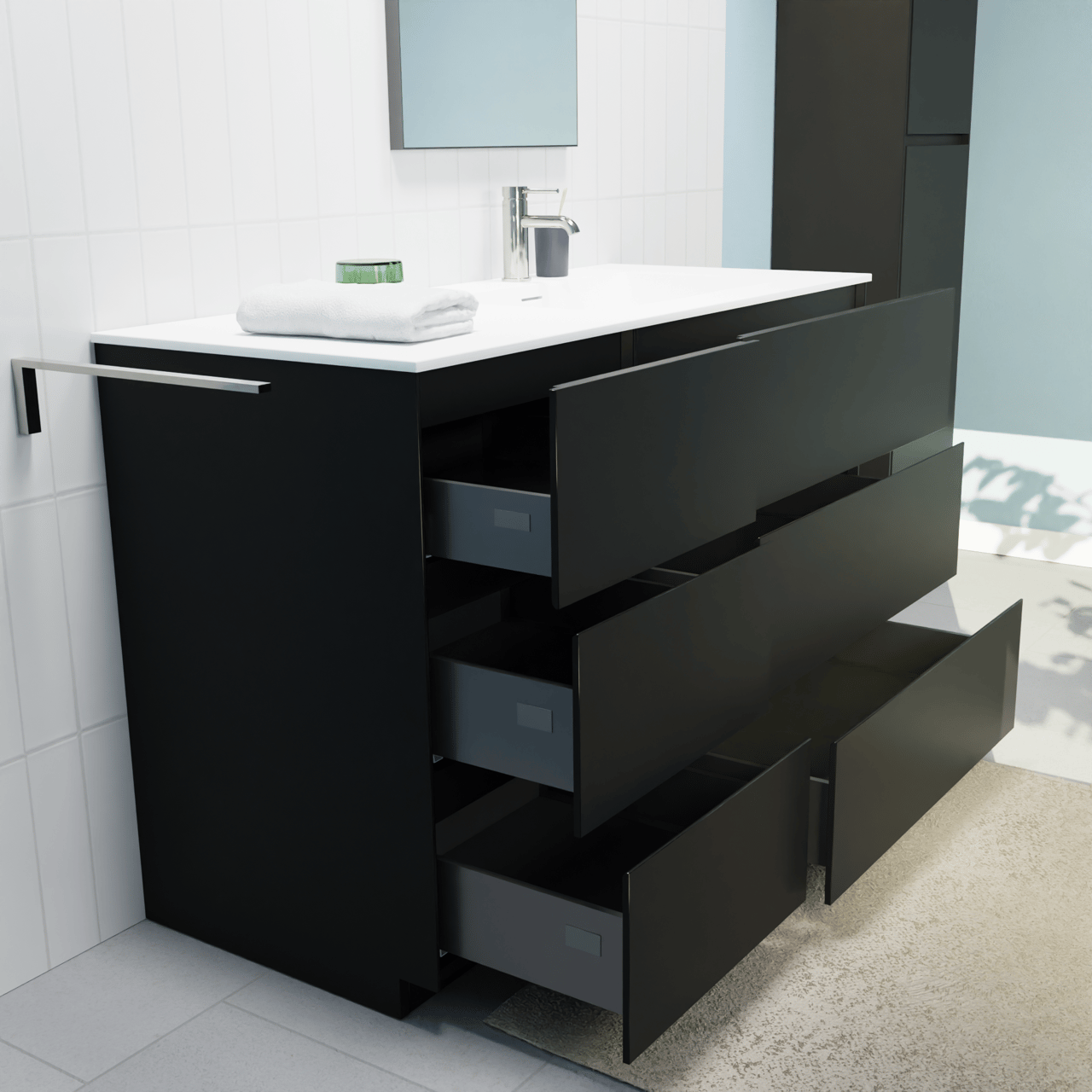 Storke Edge staand badkamermeubel 120 x 52 cm mat zwart met Mata asymmetrisch rechtse wastafel in solid surface mat wit