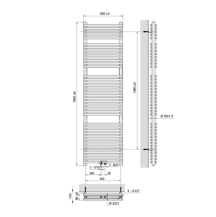 Vipera Alegria dubbele handdoekradiator 50 x 180 cm elektrische verwarming mat wit zij- en middenaansluiting 1.575W, weerstand inbegrepen