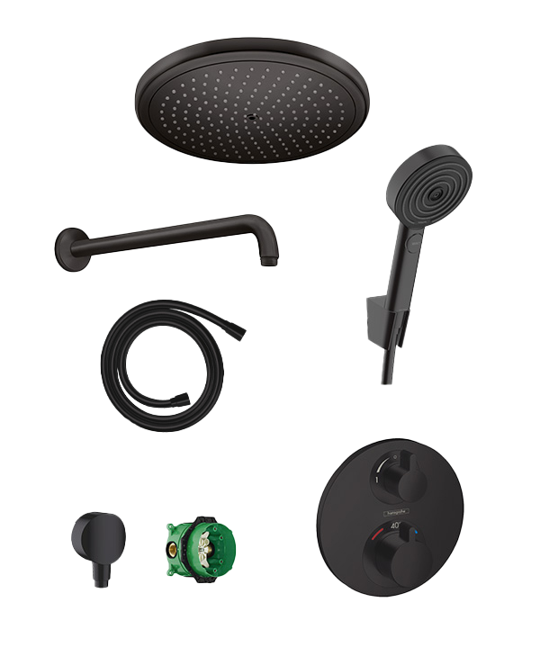 Hansgrohe Ecostat S Duschsystem: Unterputz, inkl. Thermostat-Duscharmatur, inkl. Duschkopf, 28cm Schwarz Matt