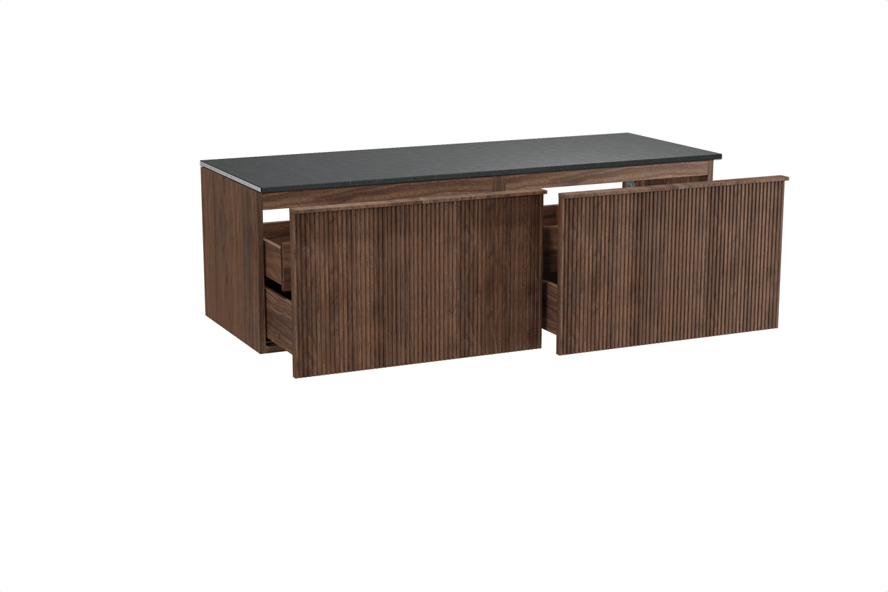 Balmani Forma meuble salle de bains suspendu 150 x 55 cm noyer américain avec Stretto tablette simple ou double en granit noir, Nervure droite symétrique verticale