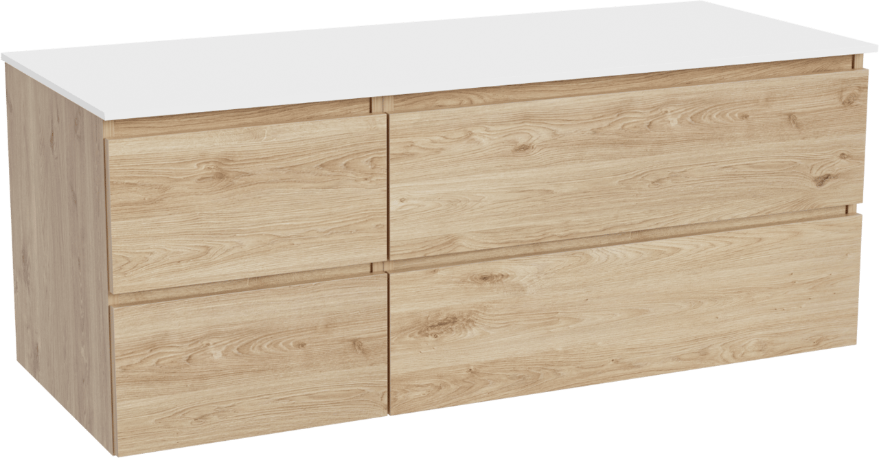 Balmani Lucida zwevend badmeubel 135 x 55 cm ruw eiken met Stretto enkel of dubbel wastafelblad in solid surface mat wit