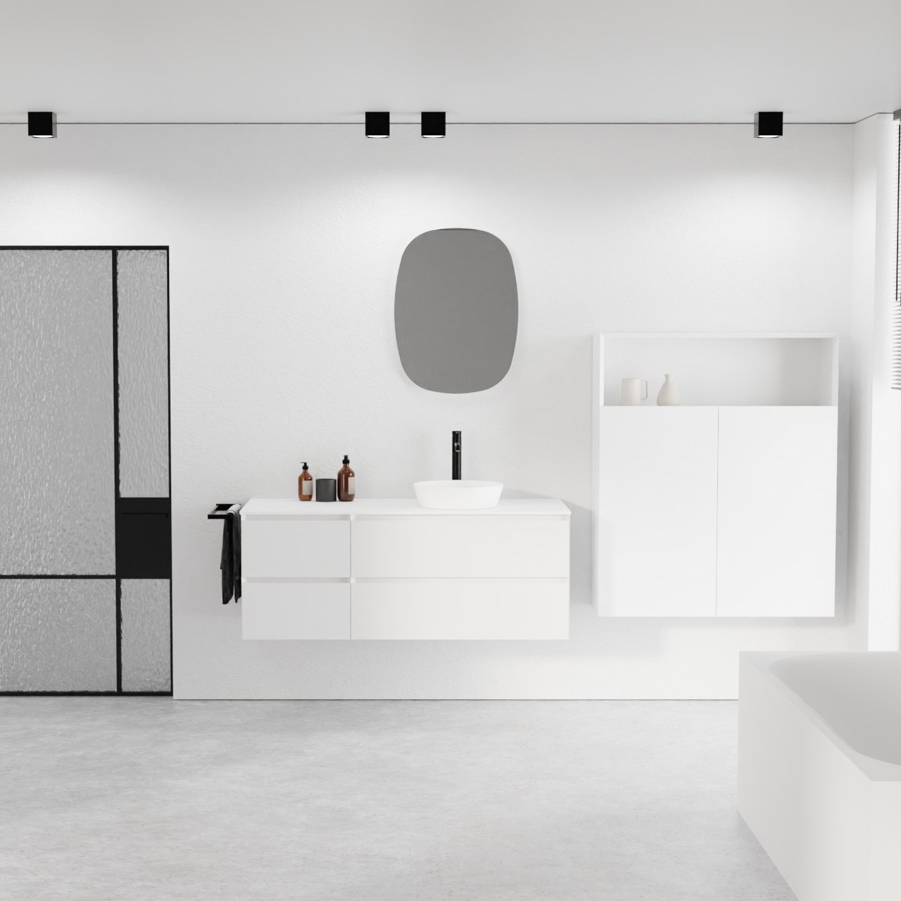 Balmani Mitra meuble salle de bains suspendu 135 x 55 cm blanc mat avec Stretto tablette simple ou double en solid surface blanc mat