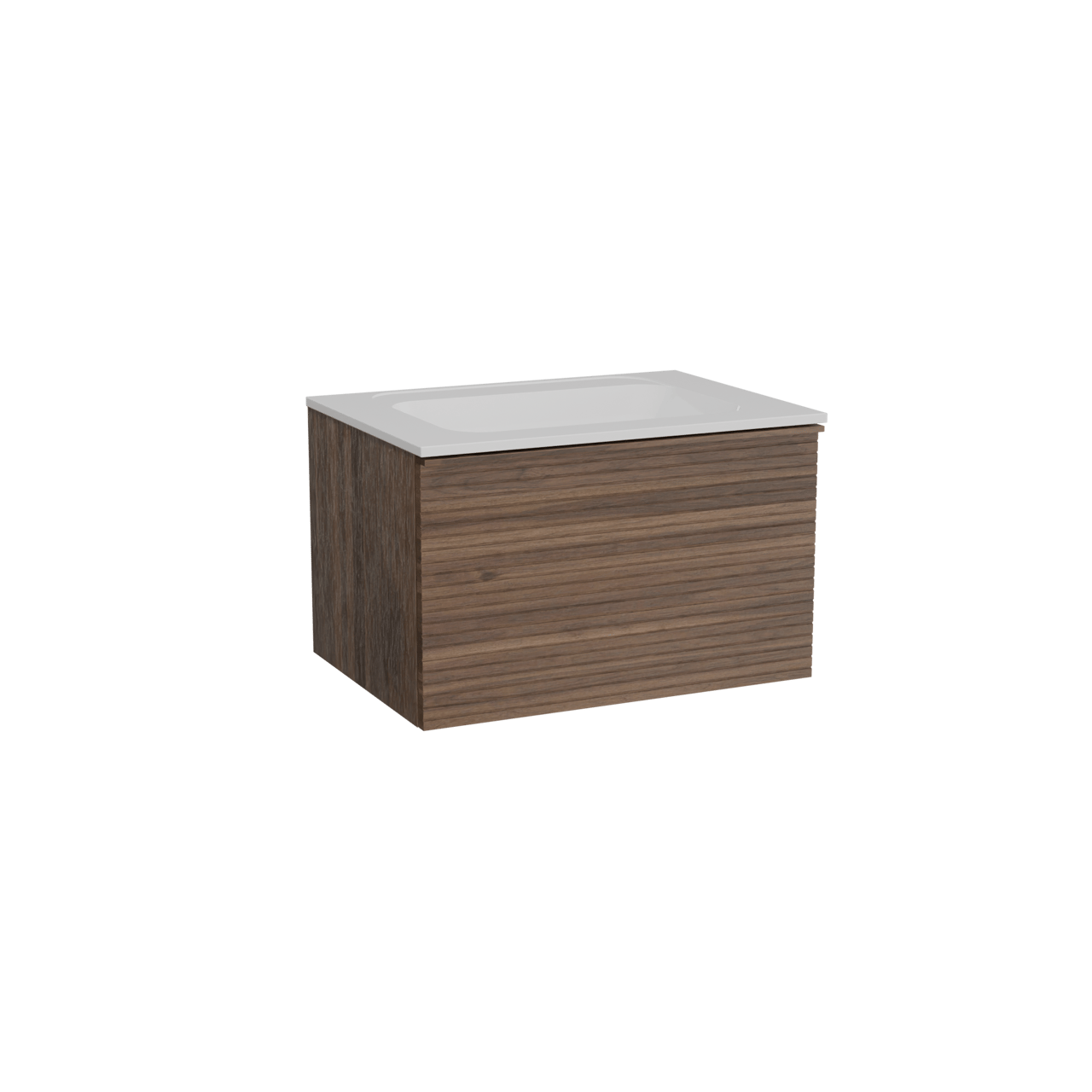 Balmani Forma zwevend badkamermeubel 75 x 55 cm amerikaanse notelaar met Tablo Strada enkele wastafel in composietmarmer glanzend wit, Horizontale symmetrische rechte ribbel