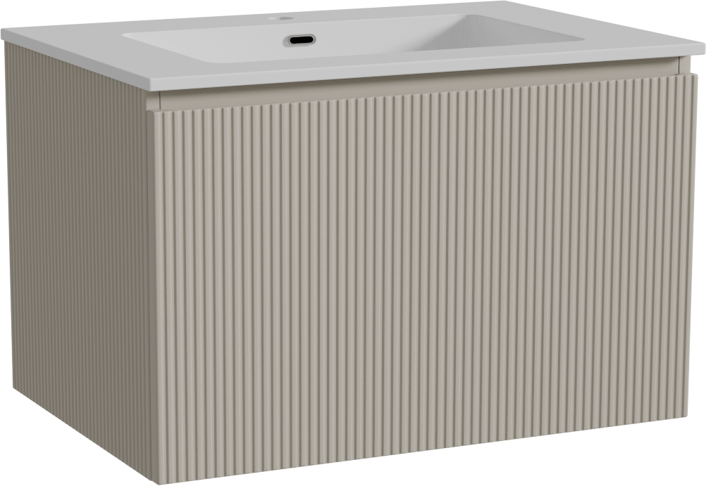 Storke Ribs zwevend badmeubel 75 x 52 cm zijdegrijs met Diva enkele wastafel in composietmarmer hoogglans wit, Verticale symmetrische rechte ribbel