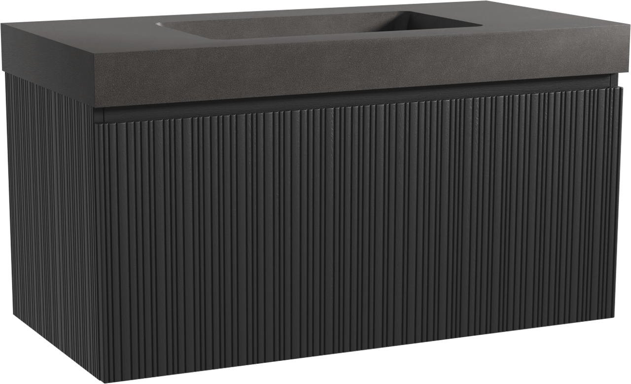 Storke Ribs zwevend badmeubel 105 x 52 cm zwart eiken met Scuro High enkele wastafel in kwarts mat zwart, Verticale asymmetrische rechte ribbel