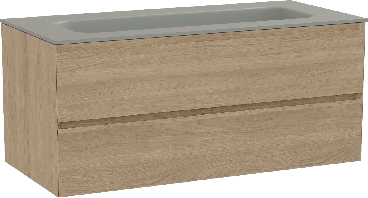 Balmani Mitra zwevend badmeubel 120 x 55 cm naturel eiken met Tablo Arcato enkele wastafel voor 2 kraangaten in solid surface steengrijs