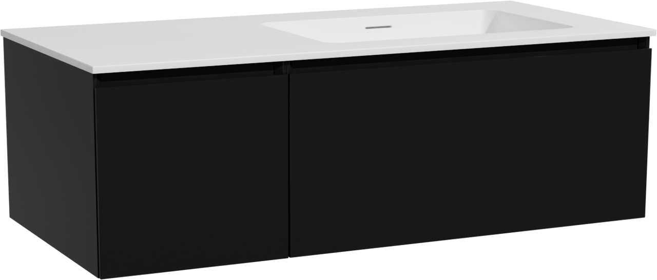 Storke Edge meuble salle de bains suspendu 110 x 52 cm noir mat avec Mata plan vasque asymétrique à droite en solid surface blanc mat