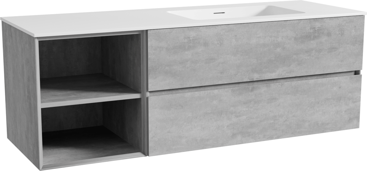 Storke Edge meuble salle de bains suspendu 150 x 52 cm béton gris foncé avec Mata plan vasque asymétrique à droite en solid surface blanc mat