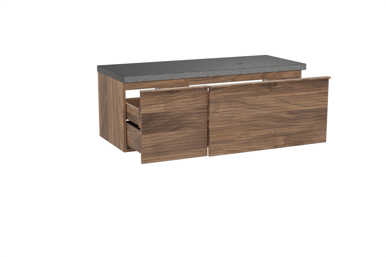 Balmani Forma hängendes Möbelstück Set: 135 x 55 cm, Amerikanischer Nussbaum, mit Rock Waschtisch rechts, Granit, Schwarzes Granit, Horizontale symmetrische gerade Rippe