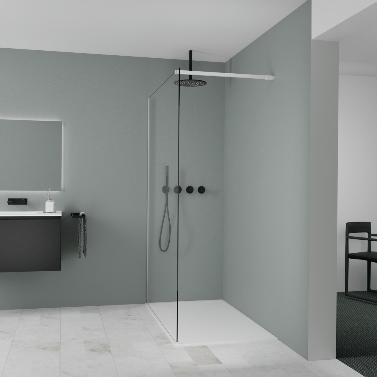 Balmani Modular Walk-In Dusche: 140 x 200 cm, Extra Klarglas, inklusive Coating, Profil Weiß matt