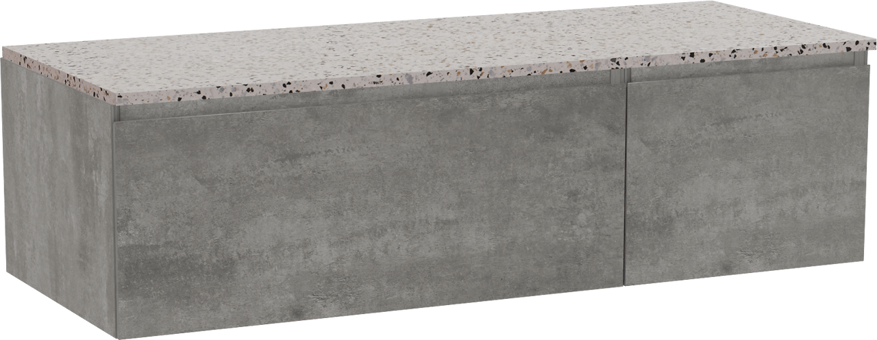 Storke Edge hängendes Möbelstück Set: 130 x 52 cm, Beton dunkelgrau, mit Tavola Einzel- oder Doppel Waschtischplatte, Terrazzo in Weiß/Schwarz matt
