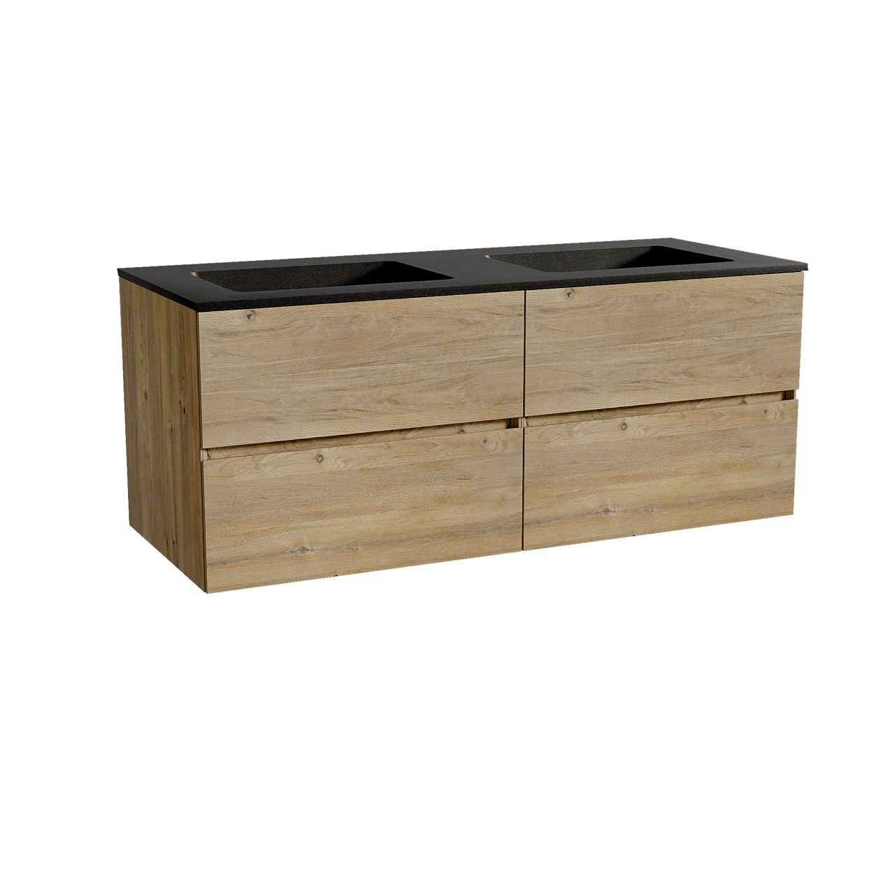 Storke Edge zwevend badmeubel 130 x 52 cm ruw eiken met Scuro dubbele wastafel in kwarts mat zwart