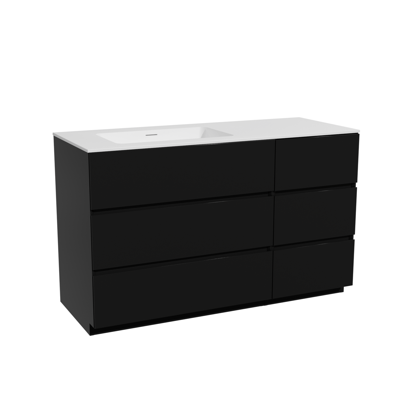 Storke Edge staand badkamermeubel 130 x 52 cm mat zwart met Mata asymmetrisch linkse wastafel in solid surface mat wit