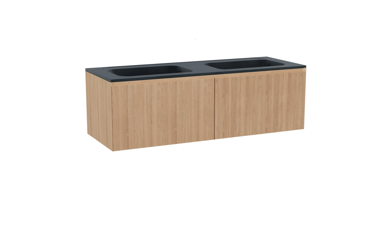 Balmani Fila meuble salle de bains suspendu 150 x 55 cm chêne naturel avec Tablo Strada double vasque en marbre composite noir mat, Nervure droite symétrique verticale