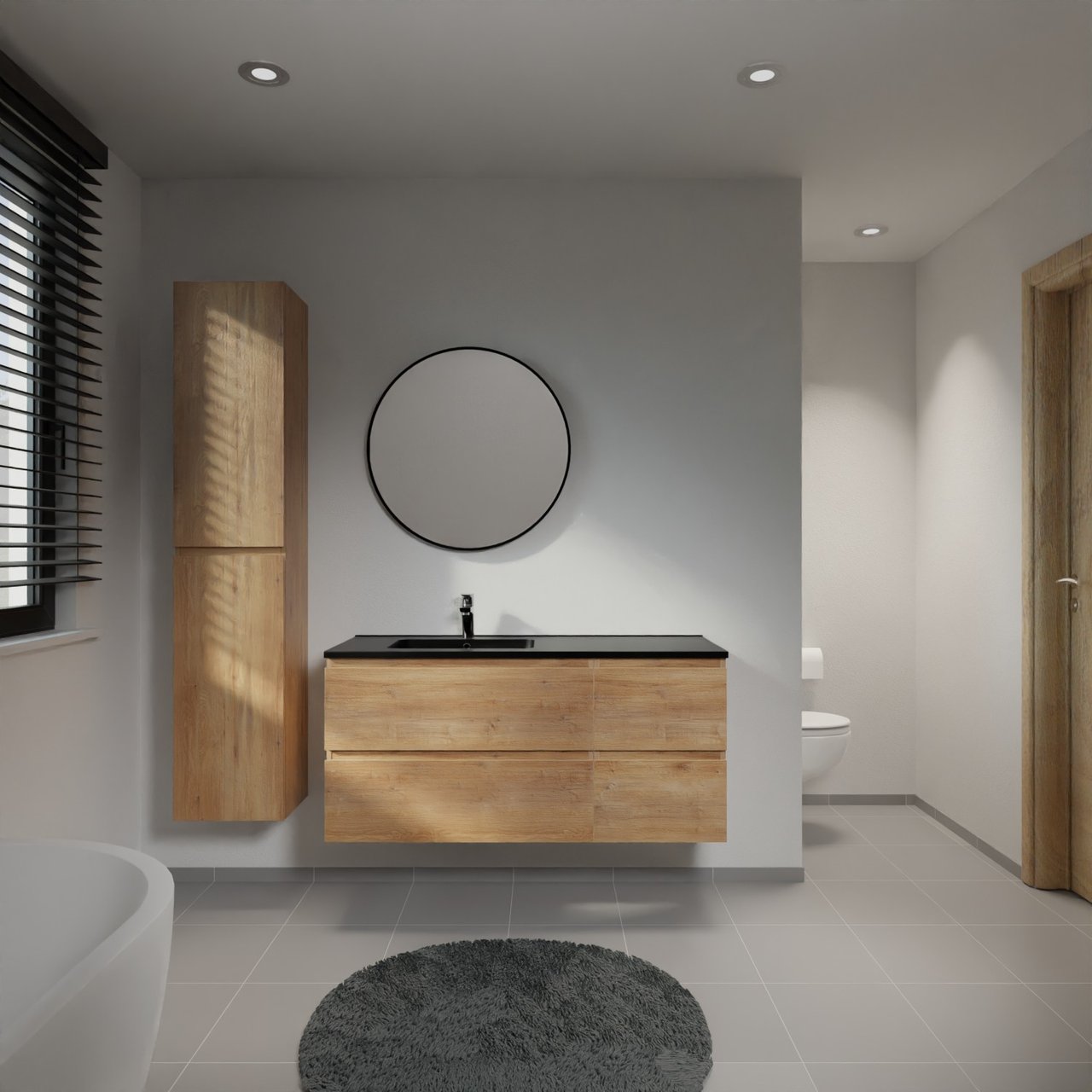 Linie Lado hängendes Möbelstück Set: 120 x 46 cm, Naturbelassene Eiche, mit Vano Waschtisch links, Marmorkomposit Schwarz matt