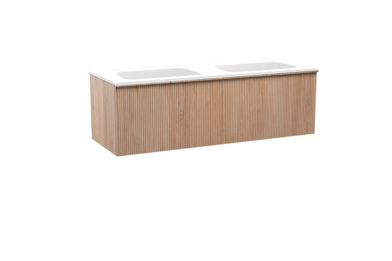 Balmani Forma meuble salle de bains suspendu 150 x 55 cm chêne naturel avec Tablo Strada double vasque en marbre composite blanc mat, Nervure droite symétrique verticale