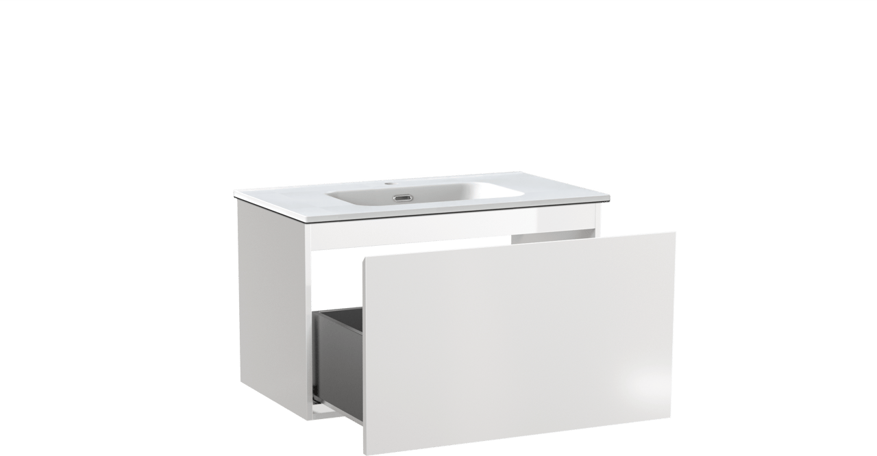 Linie Lado hängendes Möbelstück Set: 80 x 46 cm, Weiß glänzend, mit Baro Einzelwaschtisch, Porzellan Weiß matt