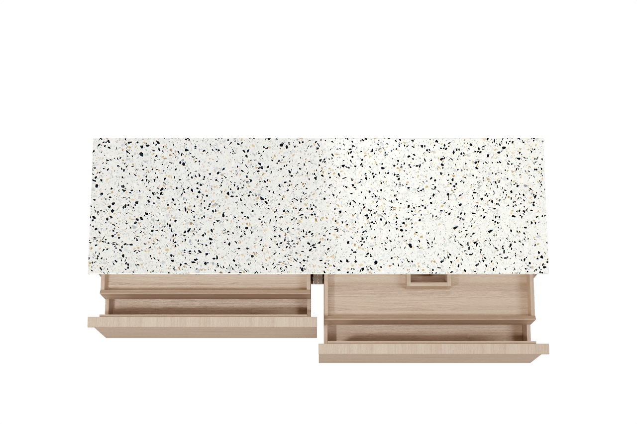 Balmani Forma zwevend badmeubel 180 x 55 cm naturel eiken met Stretto enkel of dubbel wastafelblad in mat wit/zwart terrazzo, Horizontale symmetrische rechte ribbel
