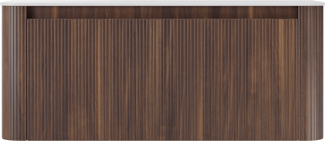 Storke Soft meuble salle de bains suspendu 120 x 46 cm noyer avec Tavola Soft tablette simple ou double vasque en Solid Surface blanc mat, Nervure droite symétrique verticale