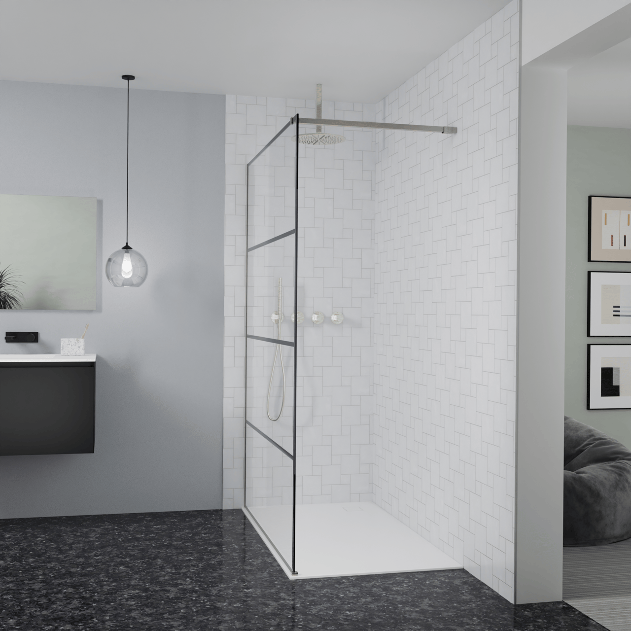 Balmani Modular douche à l'italienne: 140 x 200 cm, Lined, avec coating, Profil Brushed CoolMetal