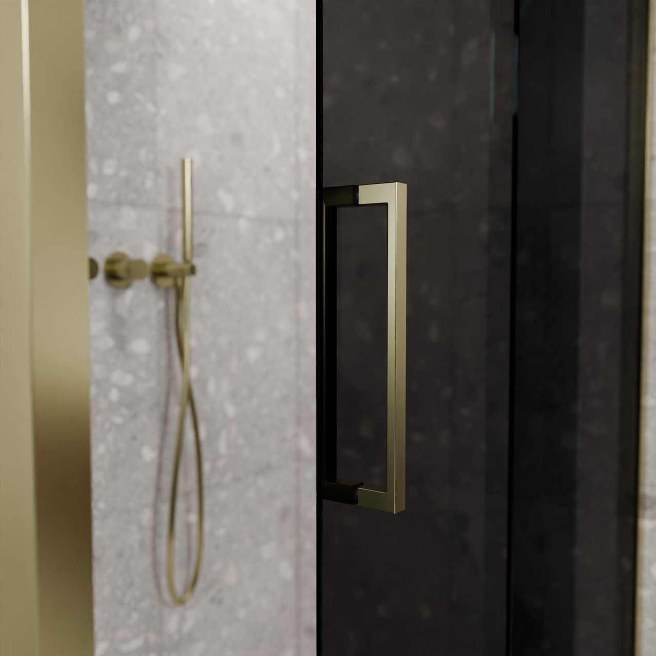 Balmani Senses Design douche d'angle avec porte coulissante à droite et paroi latérale fixe, 120 x 100 cm, Verre fumé, Profil Brushed Champagne Gold, coating inclus