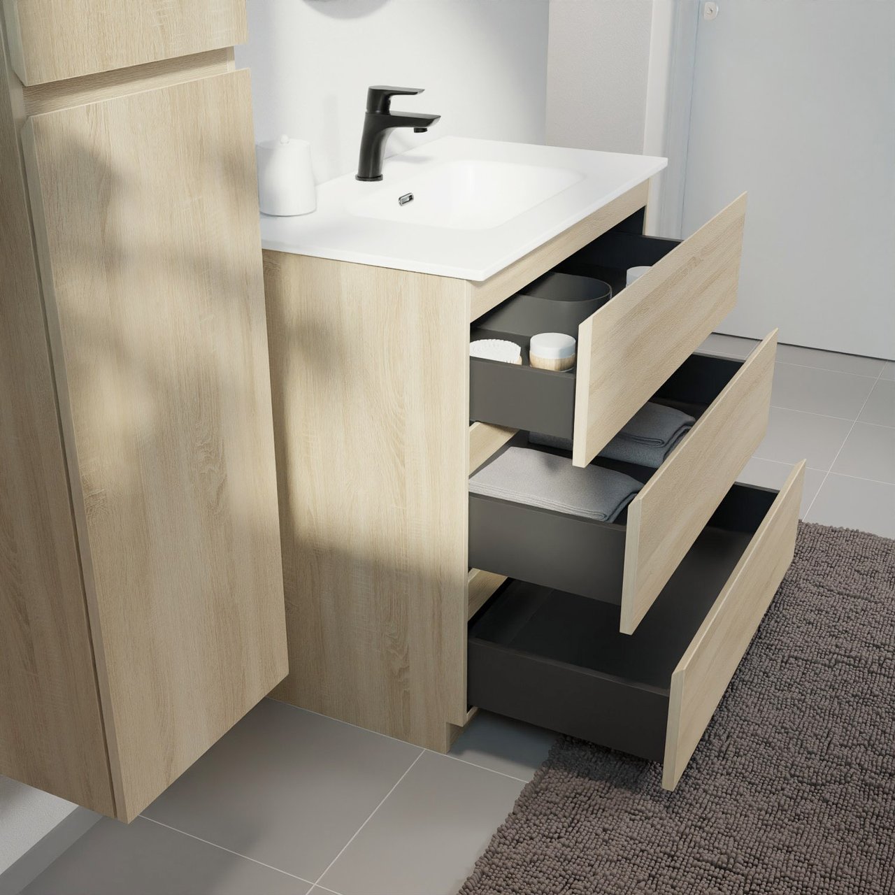 Linie Lado meuble salle de bains à poser 80 x 46 cm chêne blanc avec Baro plan simple en porcelaine blanc mat