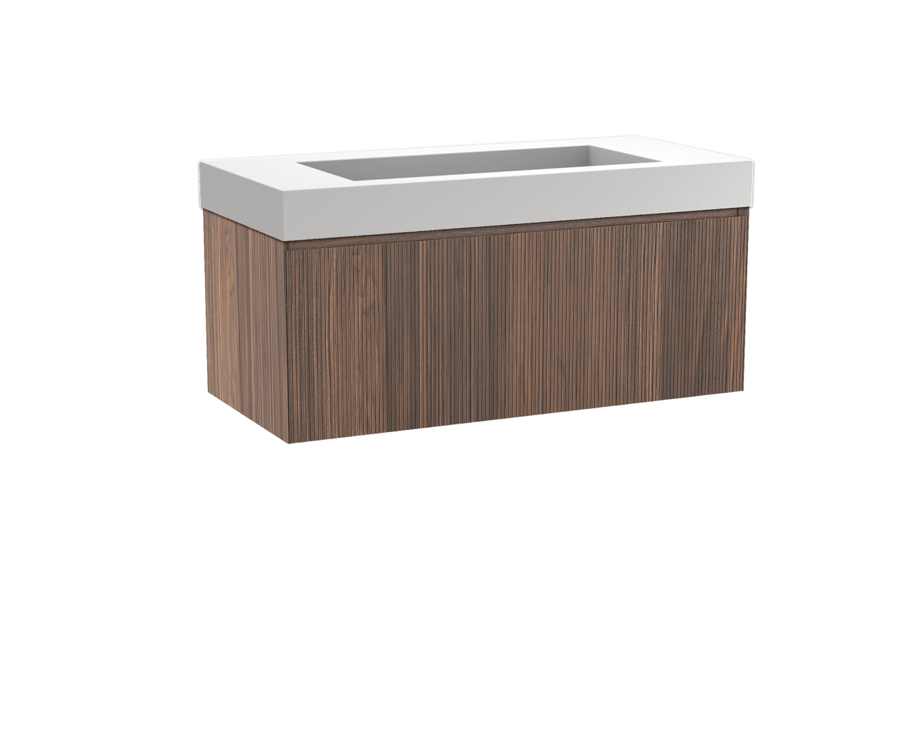 Balmani Fila hängendes Möbelstück Set: 120 x 55 cm, Nussbaum, mit Modus Einzelwaschtisch für 2 Armaturenlöcher, Solid Surface, Weiß matt, Vertikale symmetrische gerade Rippe