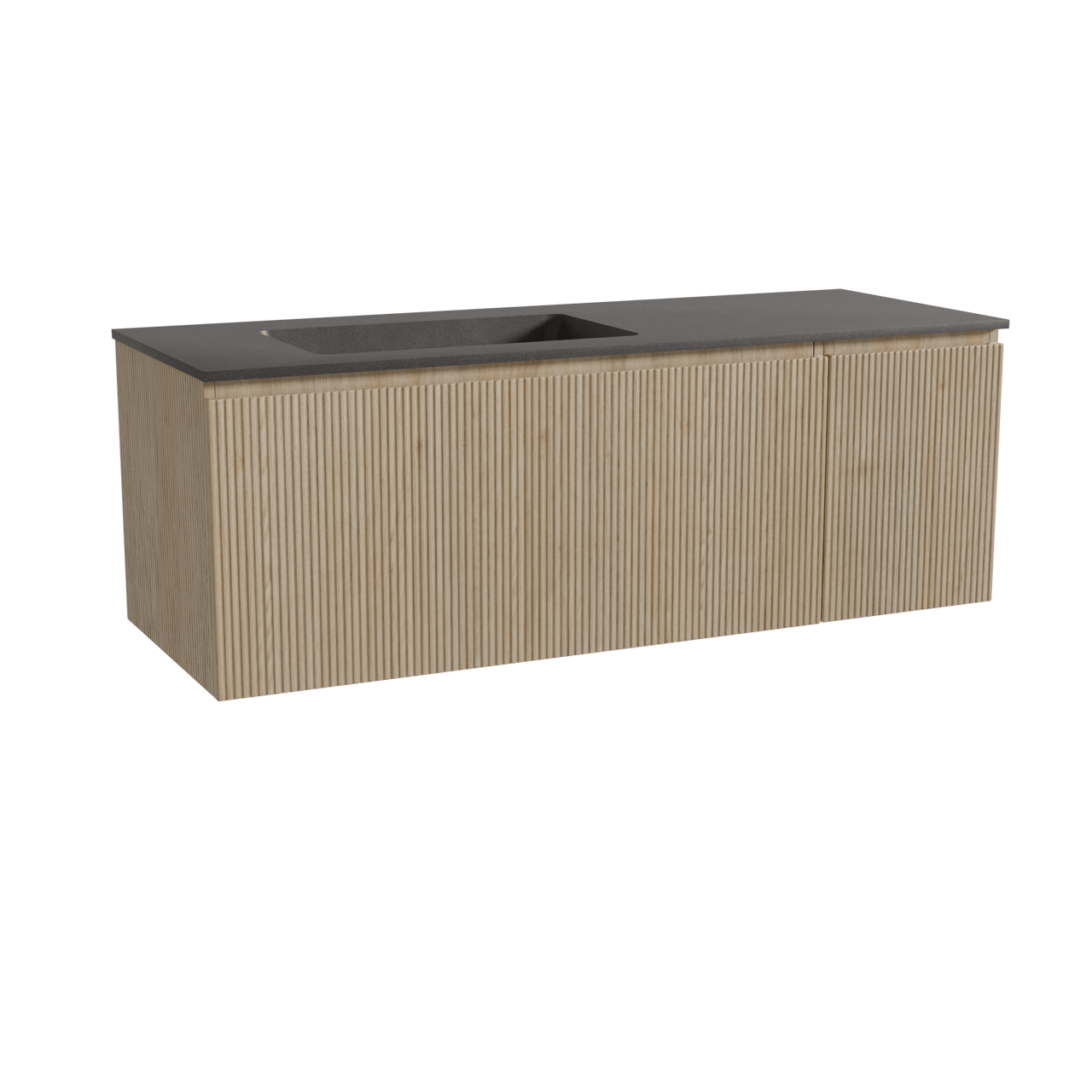 Storke Ribs meuble salle de bains suspendu 140 x 52 cm chêne brut avec Scuro vasque asymétrique gauche en quartz noir mat, Nervure droite symétrique verticale