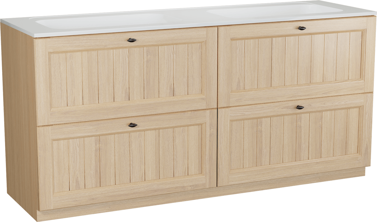 Balmani Lemon staand badkamermeubel 180 x 55 cm, fineer natuur eik met Tablo Strada dubbele wastafel in glanzend wit