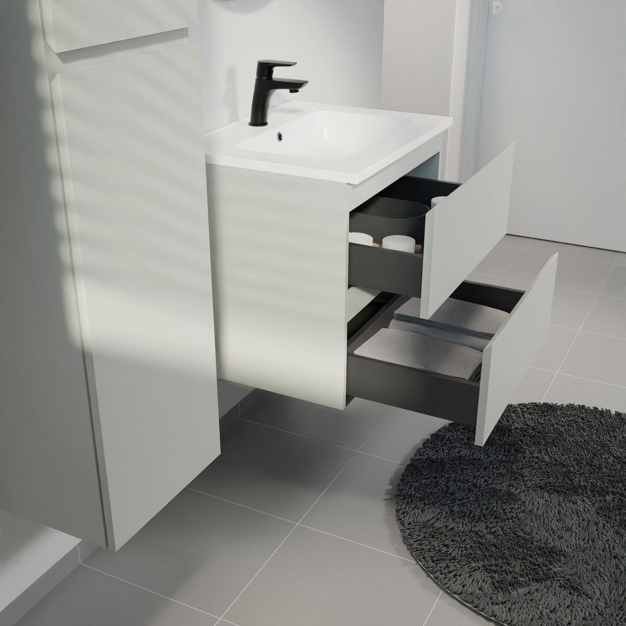 Linie Lado meuble salle de bains suspendu 60 x 46 cm greige avec Vano plan simple en marbre composite blanc mat