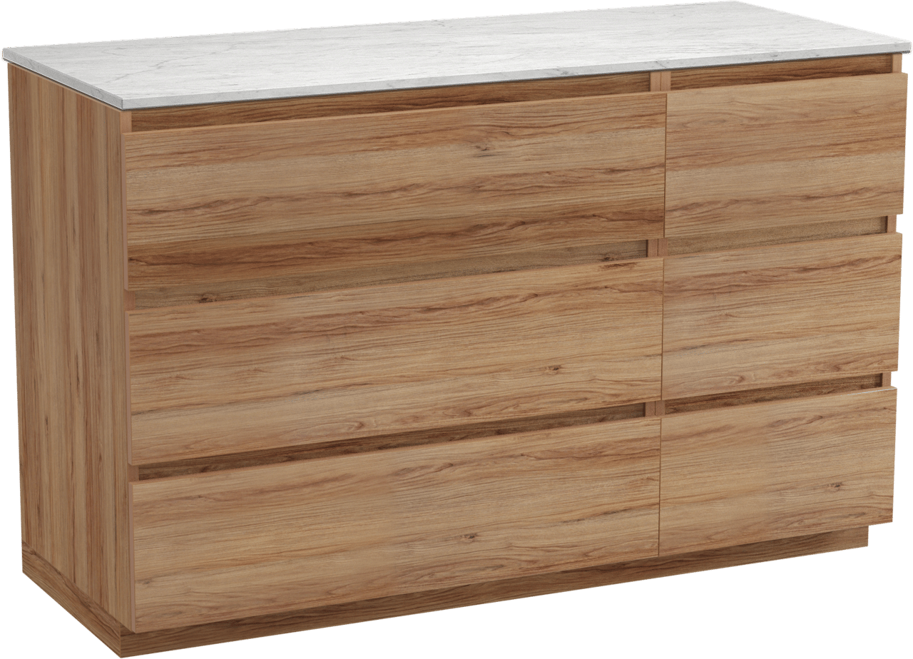 Balmani Lucida staand badkamermeubel 135 x 55 cm teak met Stretto enkel of dubbel tablet in marmer carrara