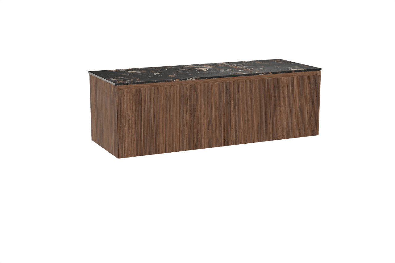 Balmani Fila hängendes Möbelstück Set: 150 x 55 cm, Nussbaum, mit Stretto Einzel- oder Doppel Waschtischplatte, Marmor, Portoro Gold, Vertikale symmetrische gerade Rippe