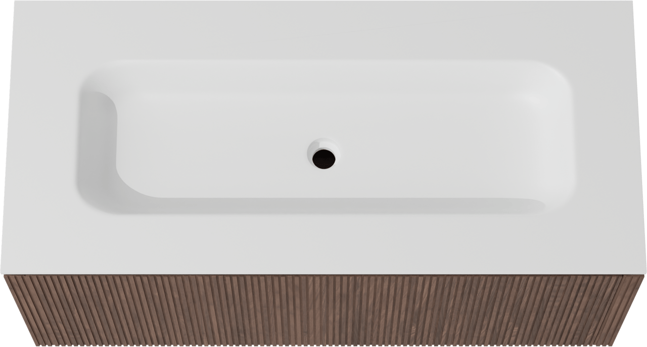 Balmani Eclips meuble salle de bains suspendu 120 x 55 cm Noyer américain avec Tablo Arcato plan simple pour 2 trous de robinet en Solid Surface blanc mat, Nervure droite symétrique verticale