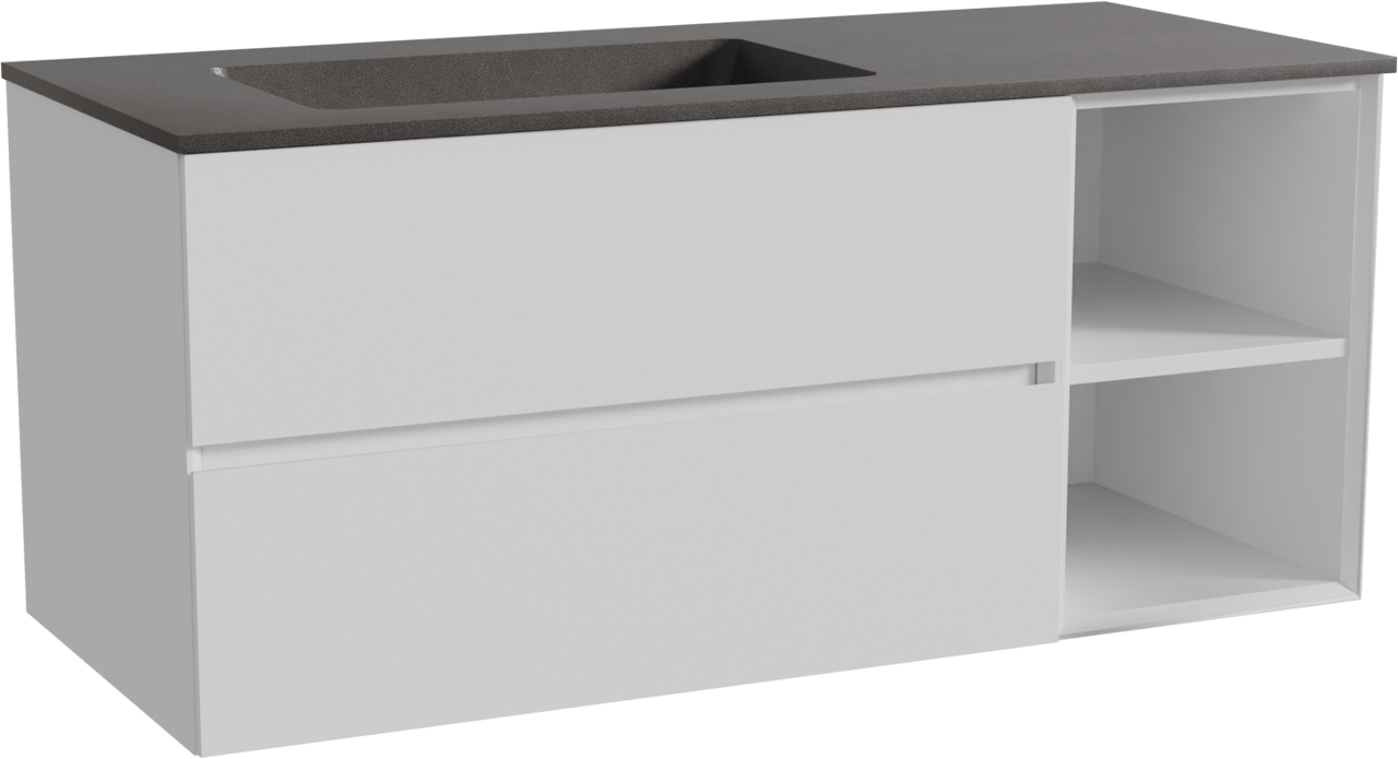 Storke Edge zwevend badkamermeubel 120 x 52 cm mat wit met Scuro asymmetrisch linkse wastafel in kwarts mat zwart