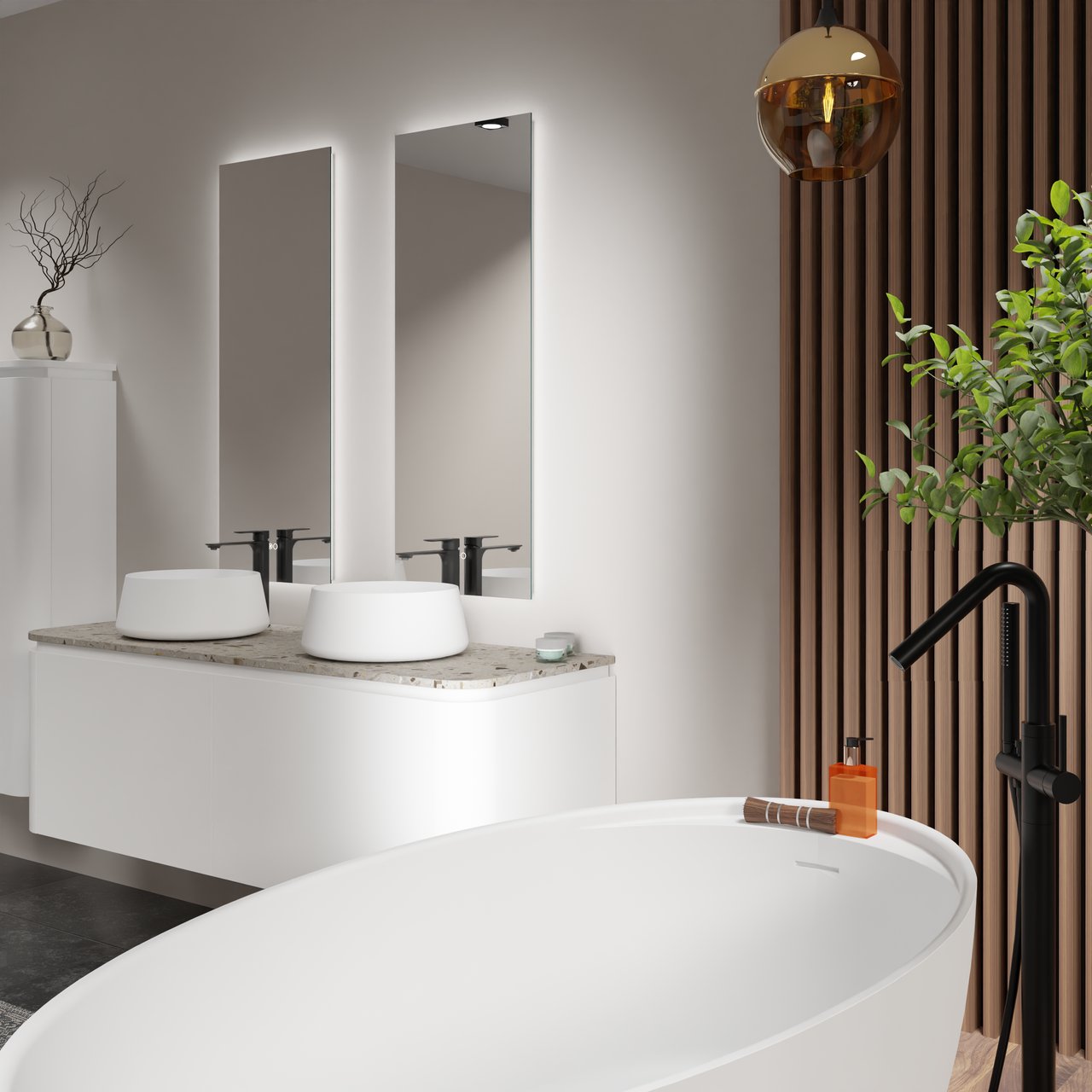 Balmani Colea ovaal vrijstaand bad 160 x 86 cm Solid Surface mat wit met geïntegreerde legplank