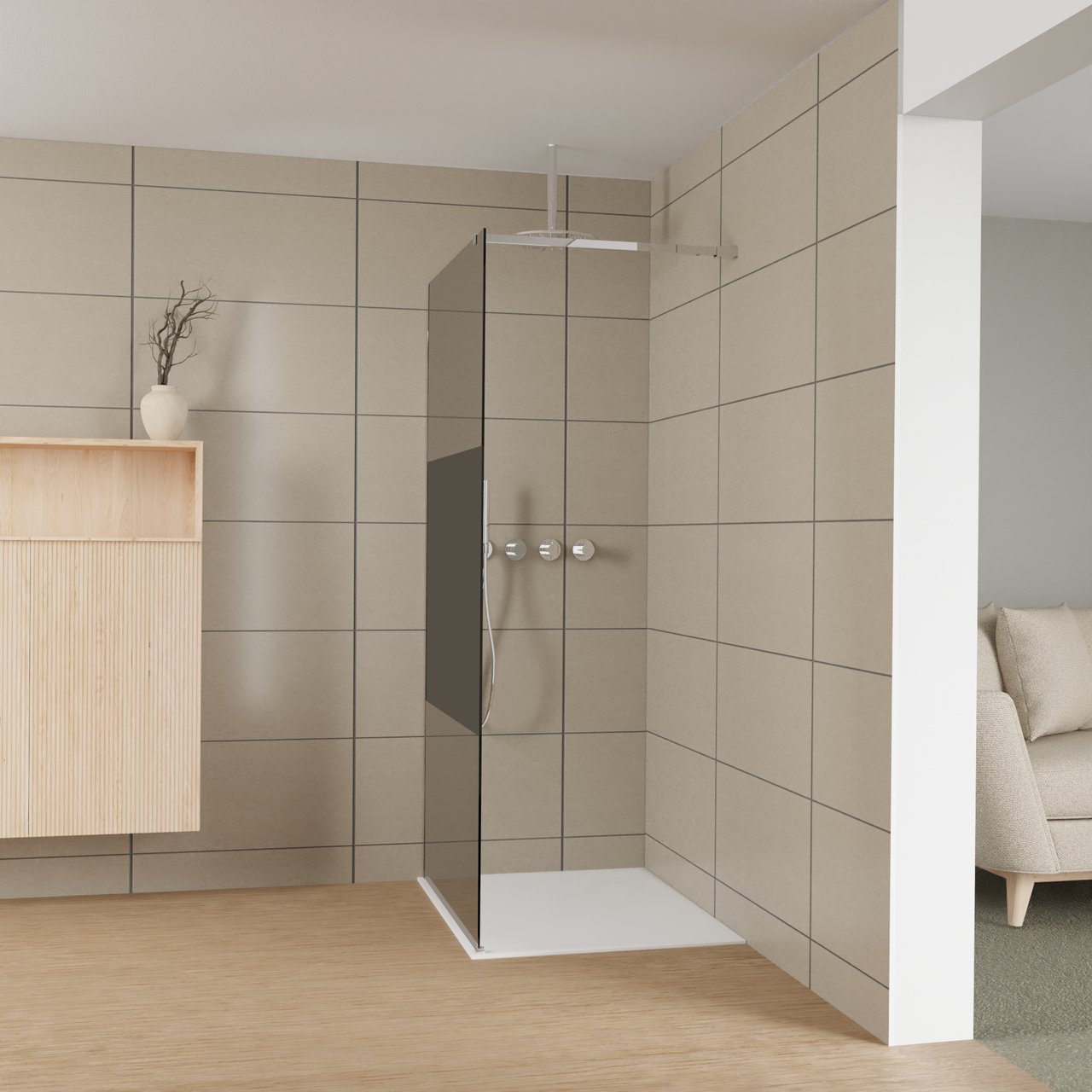 Balmani Modular Walk-In Dusche: 100 x 200 cm, Rauchglas mit mattiertem Streifen, inklusive Coating, Profil Chrom glänzend