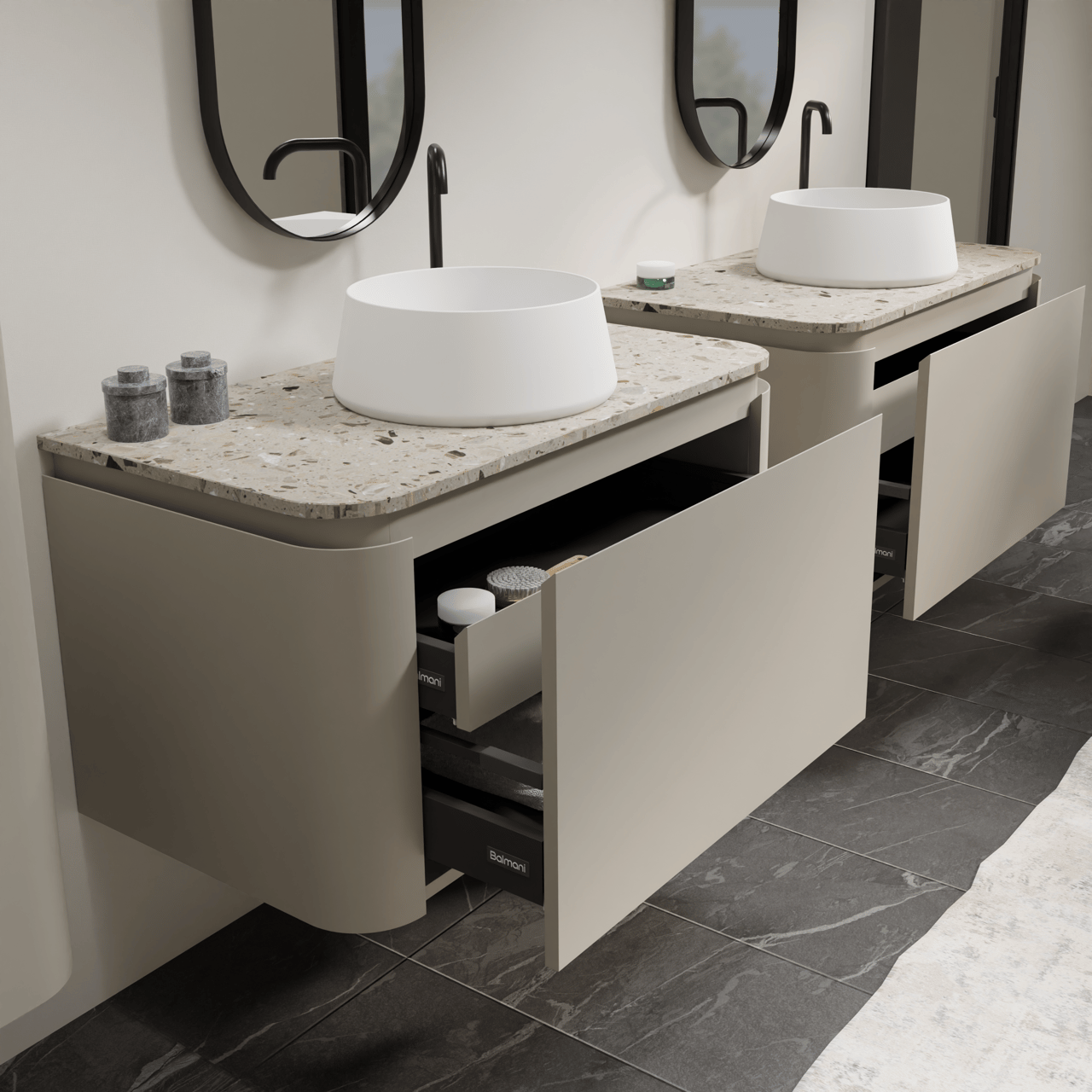 Balmani Moon hängendes Möbelstück Set: 100 x 55 cm, Seidengrau, mit Moon Einzel Waschtischplatte, Terrazzo in Greige