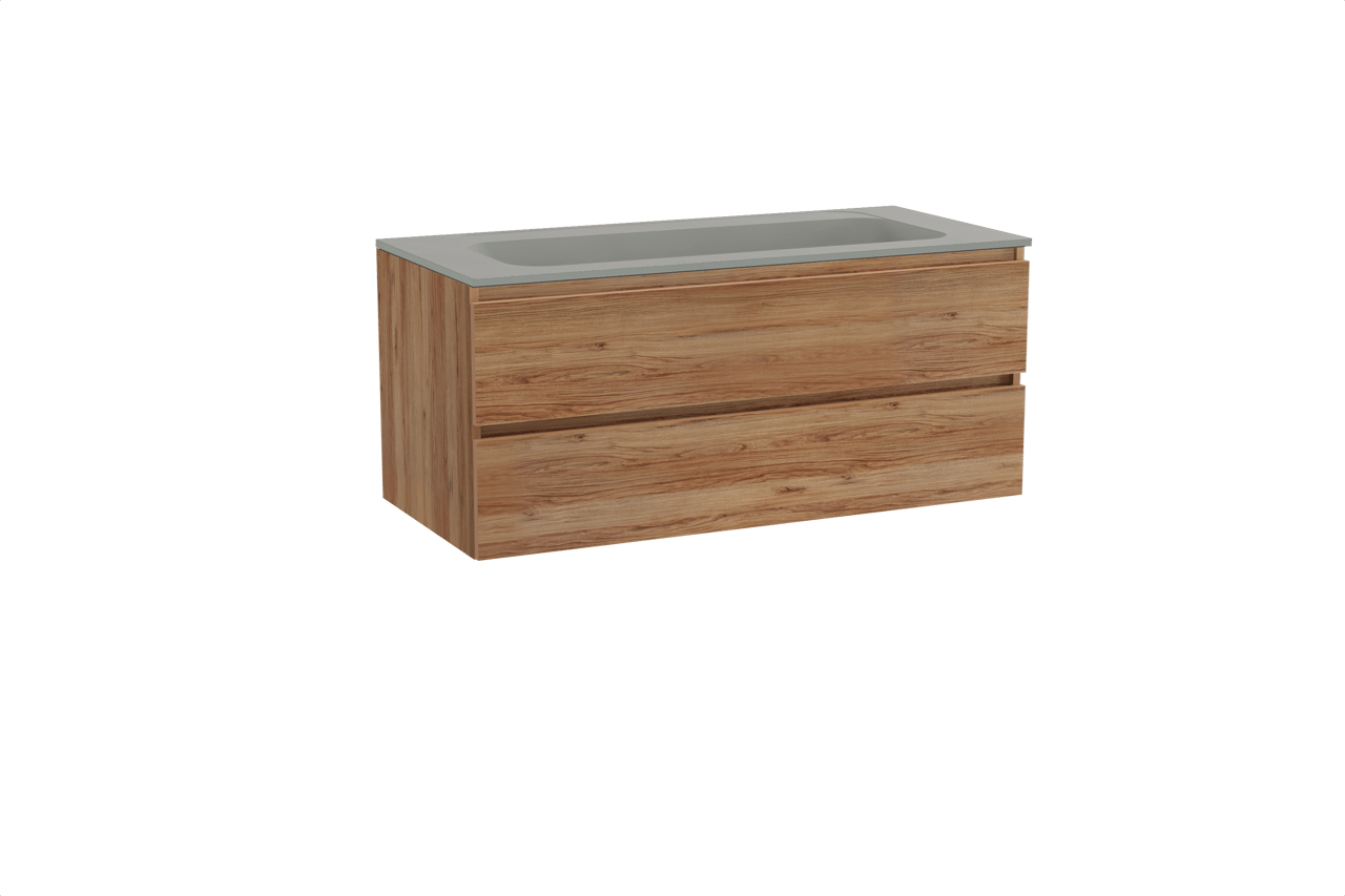 Balmani Lucida meuble salle de bains suspendu 120 x 55 cm teck avec Tablo Strada lavabo simple pour 2 trous de robinet en marbre composite soie grise