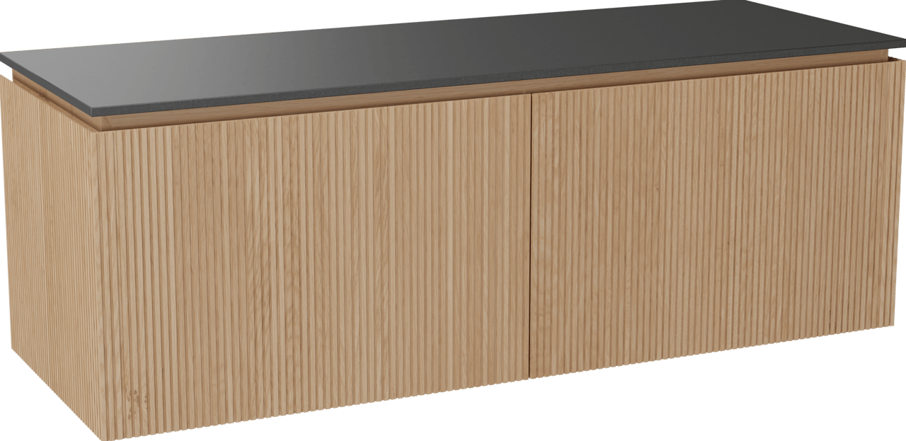 Balmani Eclips hängendes Möbelstück Set: 150 x 55 cm, Eiche Natur, mit Stretto Einzel- oder Doppel Waschtischplatte Granit poliert, Vertikale symmetrische gerade Rippe