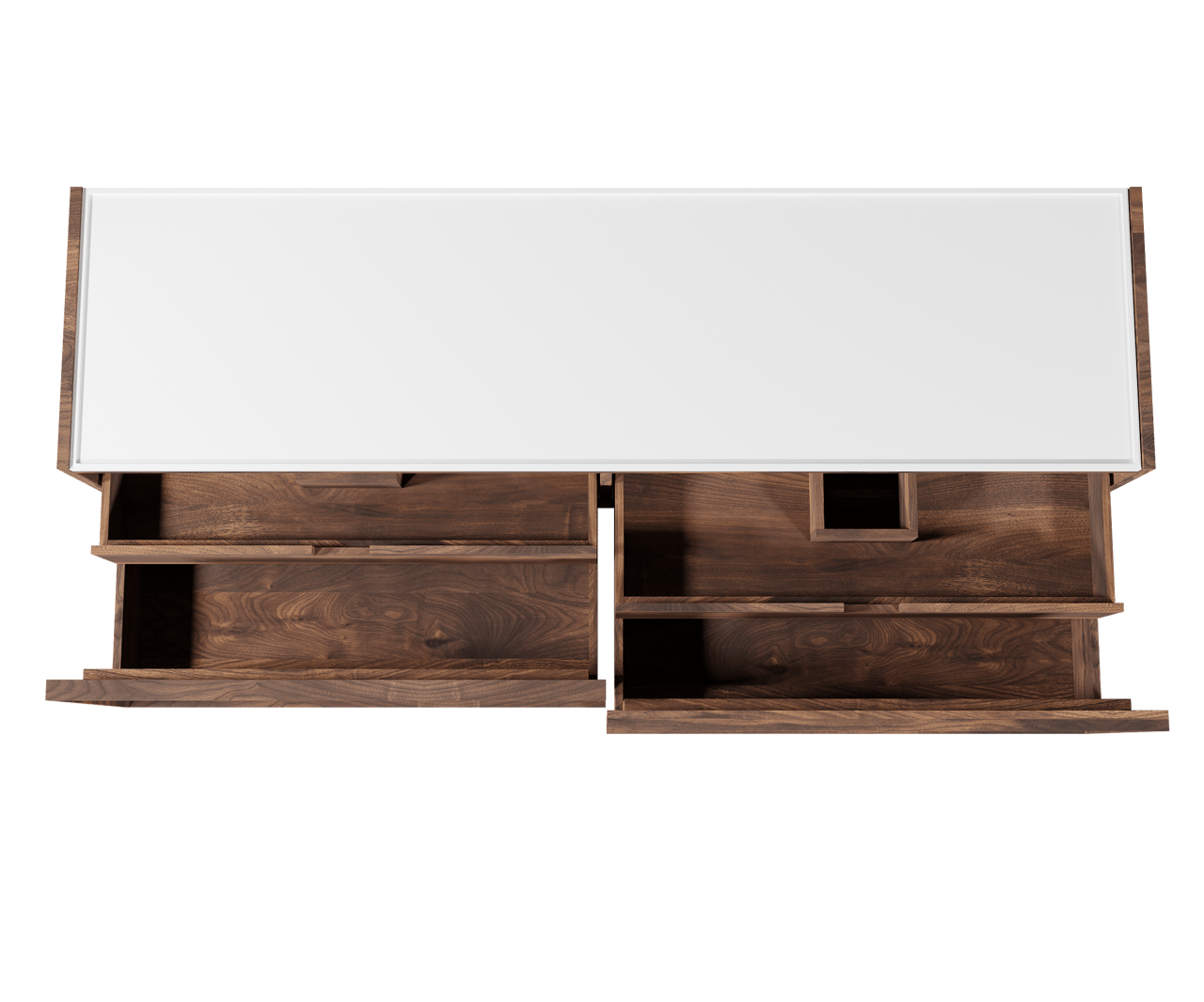 Balmani Quadro zwevend badkamermeubel 184 x 53 cm amerikaanse notelaar met Bordo enkel of dubbel tablet in matte Solid Surface