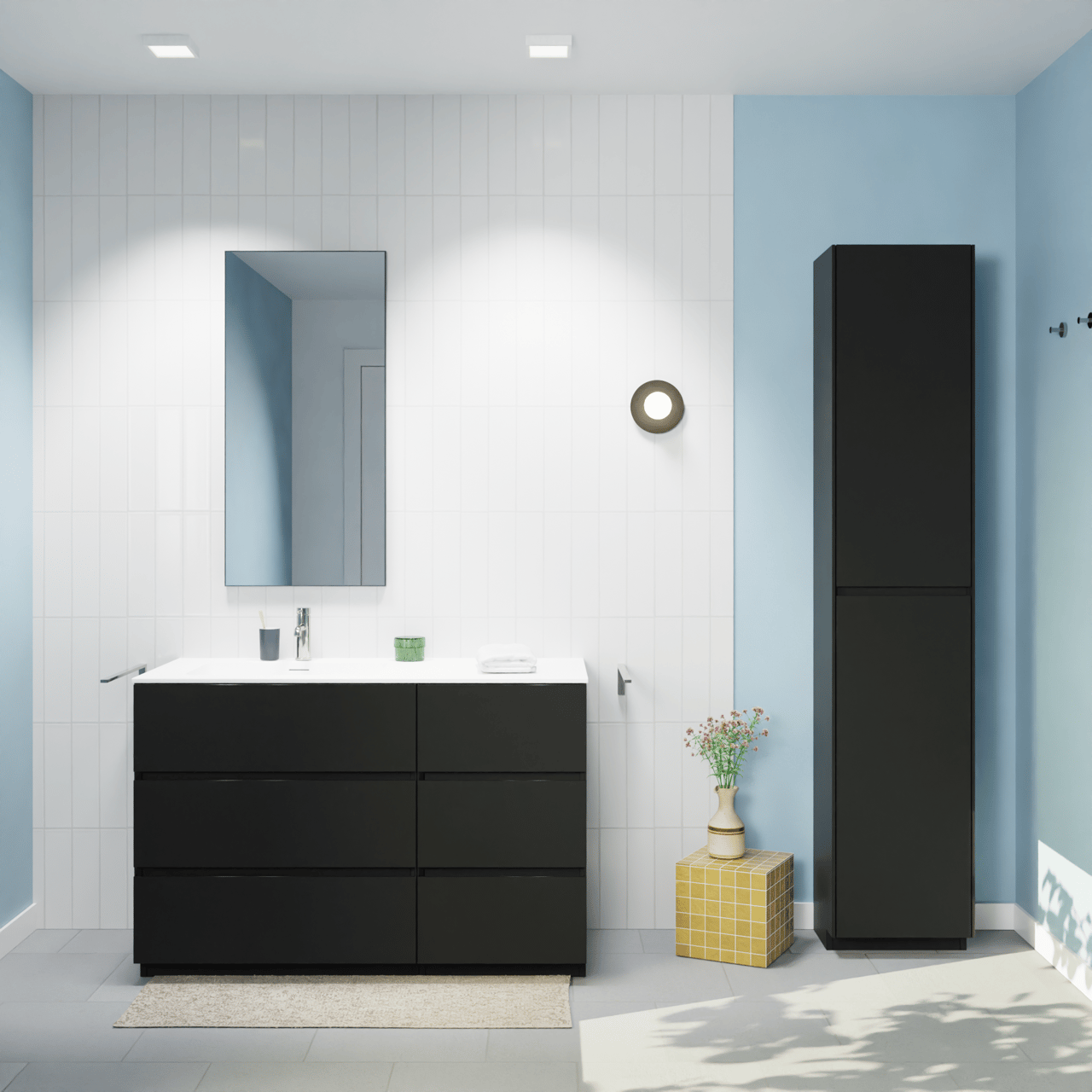 Storke Edge staand badmeubel 110 x 52 cm mat zwart met Mata asymmetrisch linkse wastafel in solid surface mat wit