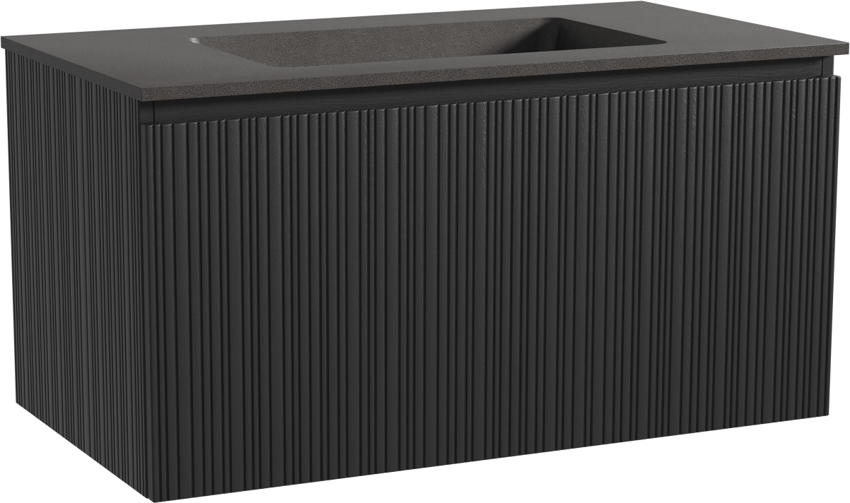 Storke Ribs zwevend badmeubel 95 x 52 cm zwart eiken met Scuro enkele wastafel in kwarts mat zwart, Verticale asymmetrische rechte ribbel