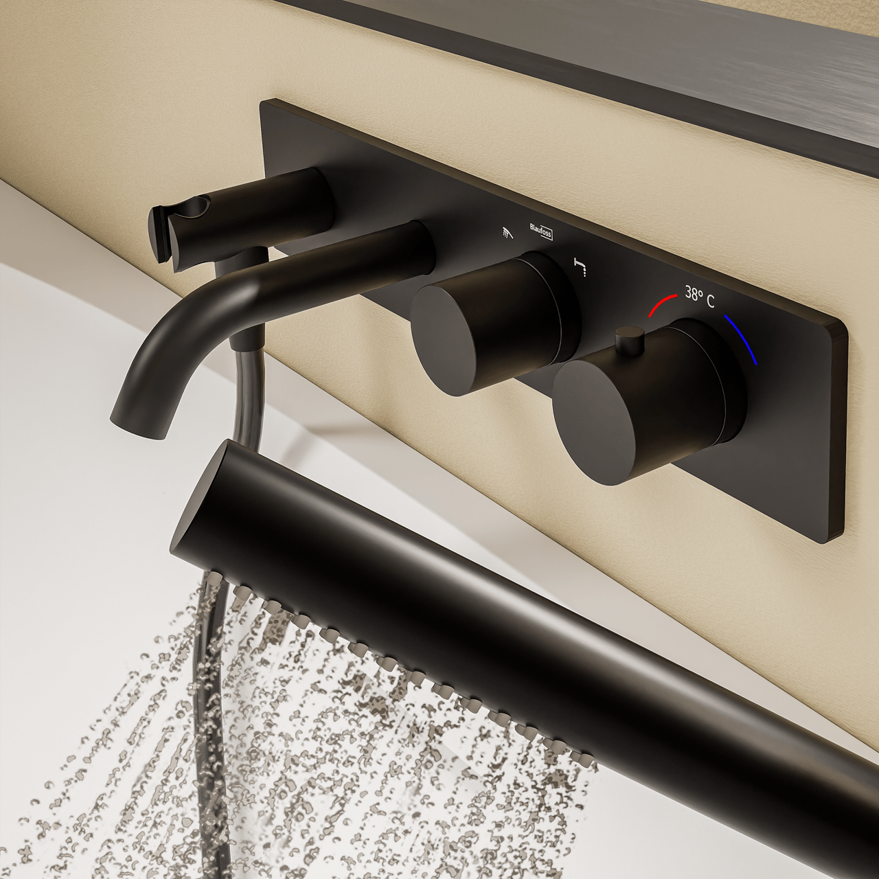 Blaufoss Round Thermostat Unterputz Badewannenarmatur: Schwarz Matt, Einbauelement inklusive, mit Brausekopf