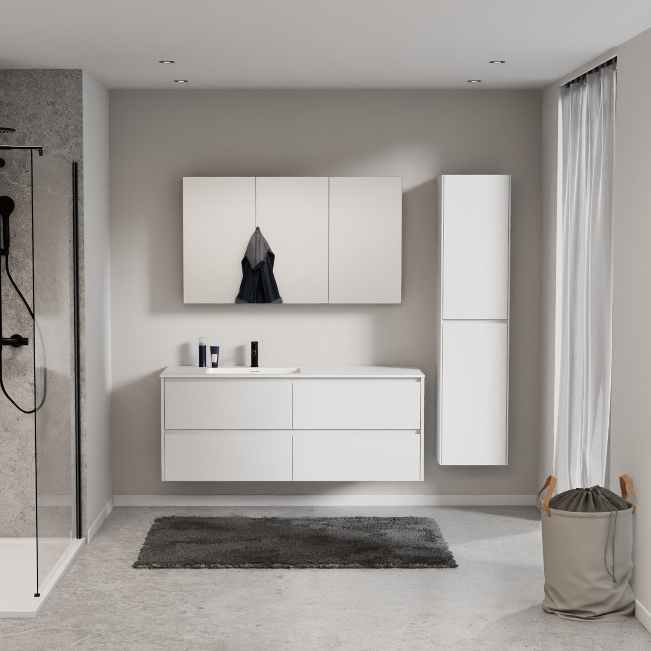 Storke Seda zwevend badkamermeubel 150 x 52 cm mat wit met Mata asymmetrisch linkse wastafel in solid surface mat wit