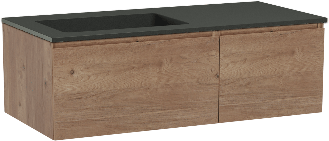 Storke Edge meuble salle de bains suspendu 110 x 52 cm chêne brut avec Scuro plan vasque asymétrique à gauche en quartz noir mat