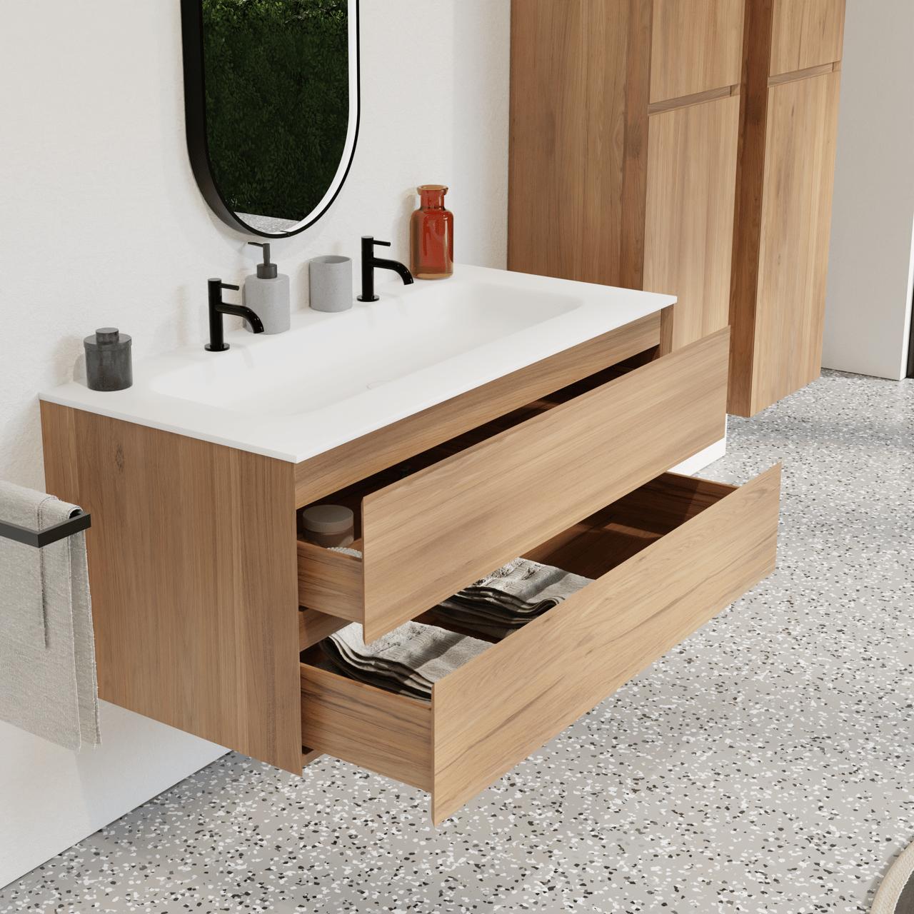 Balmani Mitra hängendes Möbelstück Set: 120 x 55 cm, Teak, mit Tablo Arcato Einzelwaschtisch für 2 Armaturenlöcher, Solid Surface Weiß matt