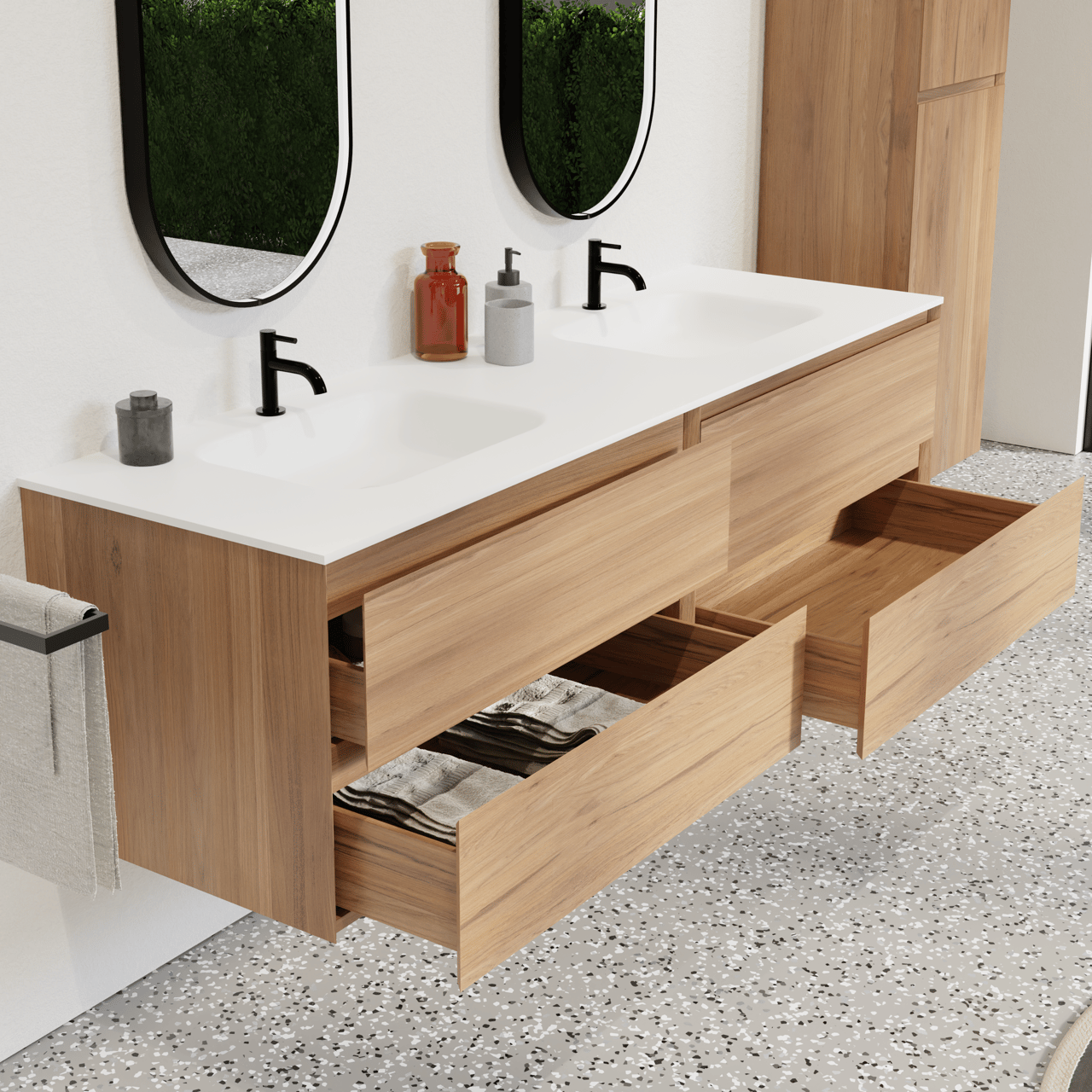 Balmani Mitra meuble salle de bains suspendu 180 x 55 cm teck avec Tablo Arcato double vasque en solid surface blanc mat