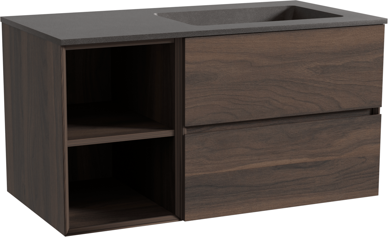 Storke Edge hängendes Möbelstück Set: 100 x 52 cm, Nussbaum, mit Scuro Waschtisch rechts, Quarz Schwarz matt