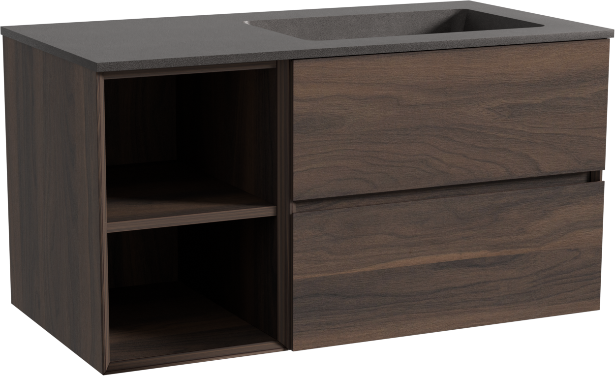 Storke Edge meuble salle de bains suspendu 100 x 52 cm noyer avec Scuro vasque asymétrique droite en quartz noir mat